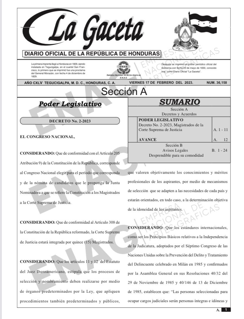 Publicado en el Diario Oficial La Gaceta el decreto que acredita a los magistrados de la Corte Suprema de Justicia para el período 2023 - 2030